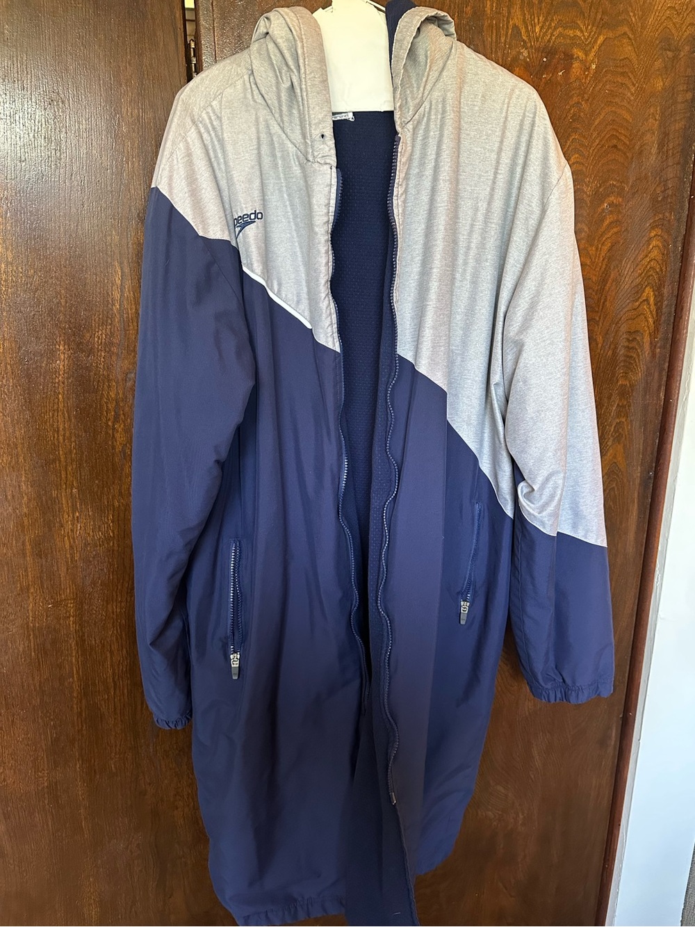 Speedo Navy and Gray Hooded Long Boat Coat Diver’s Jacket Swimmers Coat XL